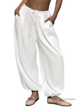 Satin Harem Pants Baggy Barrel Leg Elastic Waist Drawstring Loose Track Pants